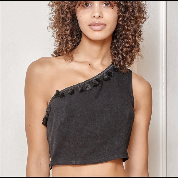 NWOT - Lulus - Black One Shoulder Tassel Linen Blend - Medium - Picture 3 of 8